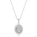 Rhodium Plated 925 Sterling Silver 12.3mm x 14.5mm Our Lady of Guadalupe Pear Shaped Clear CZ Adjustable Pendant Necklace - STP01863