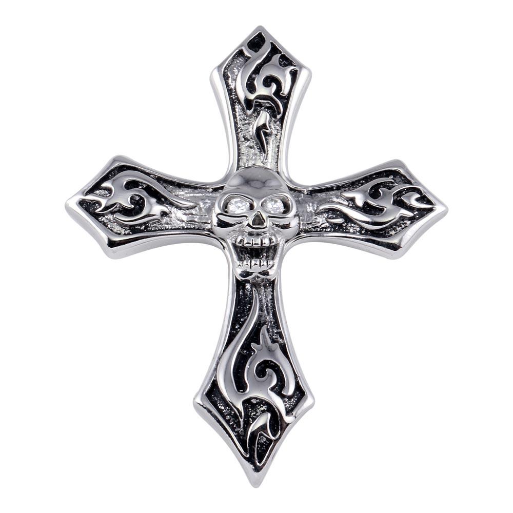 Rhodium Plated 925 Sterling Silver Skull Cross Pendant - STPM00003