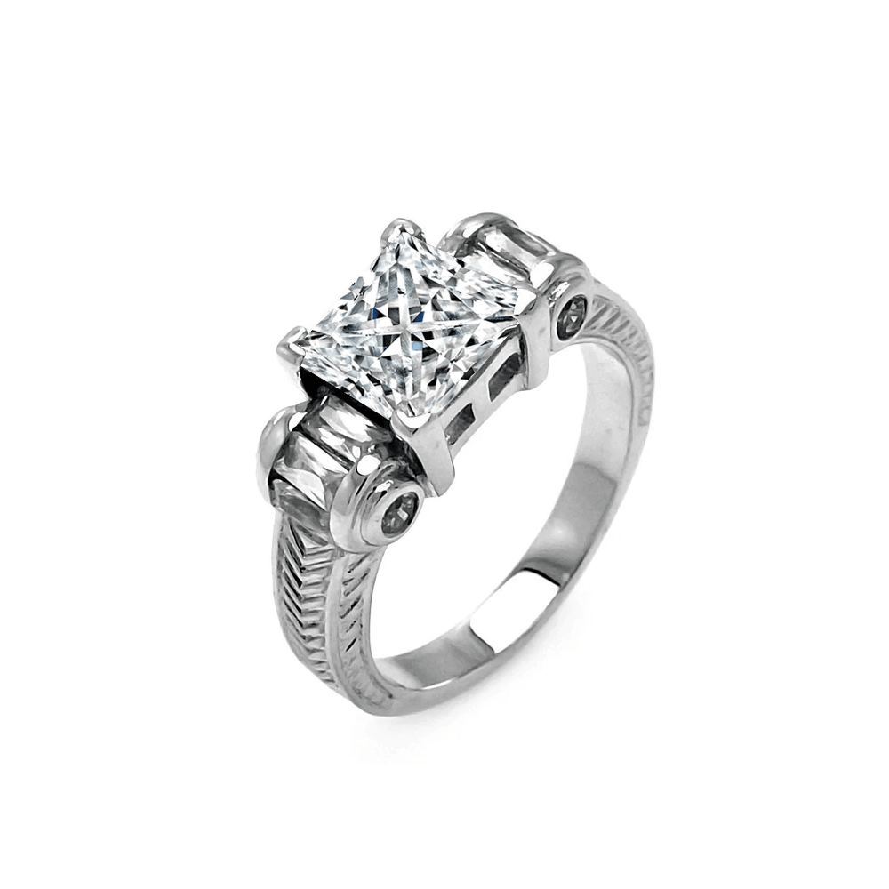 Silver 925 Rhodium Plated Princess Cut CZ Ring - STR00006