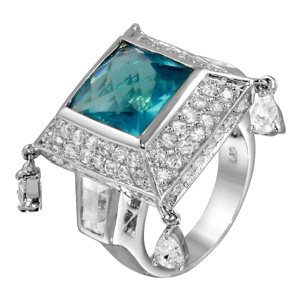 Rhodium Plated 925 Sterling Silver CZ Encrusted Semi Pyramid Blue Center Stone Ring - STR00059