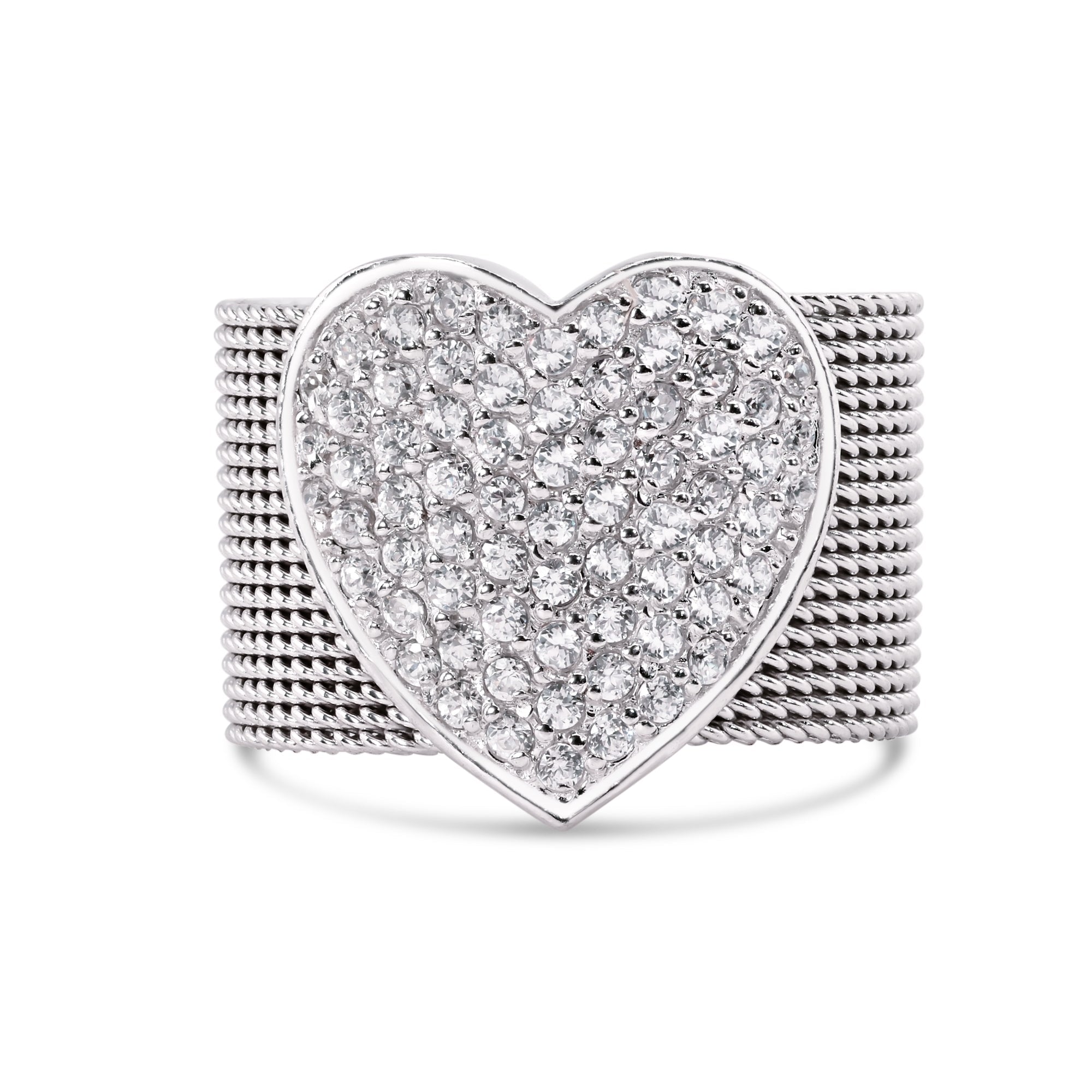 Silver 925 Rhodium Plated Multi Chain CZ Heart Ring - STR00067
