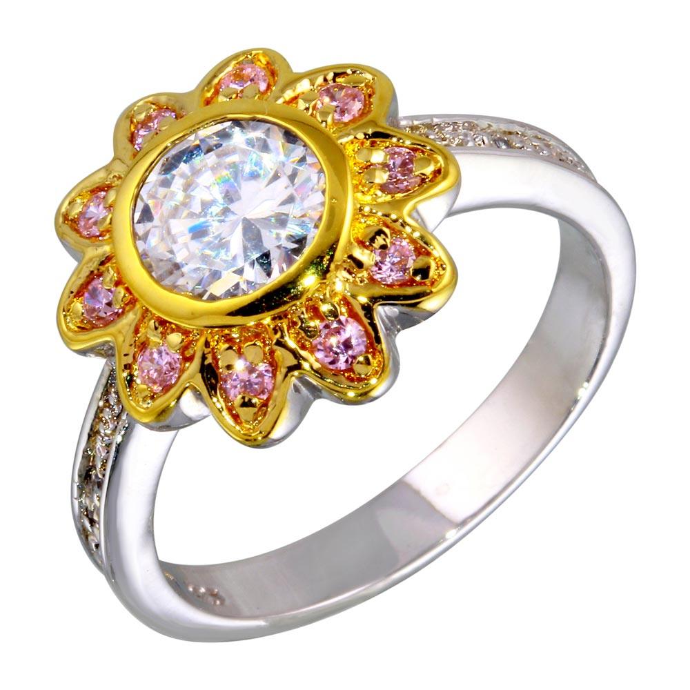 Two-Tone 925 Sterling Silver Clear and Pink CZ Flower Ring - STR00103