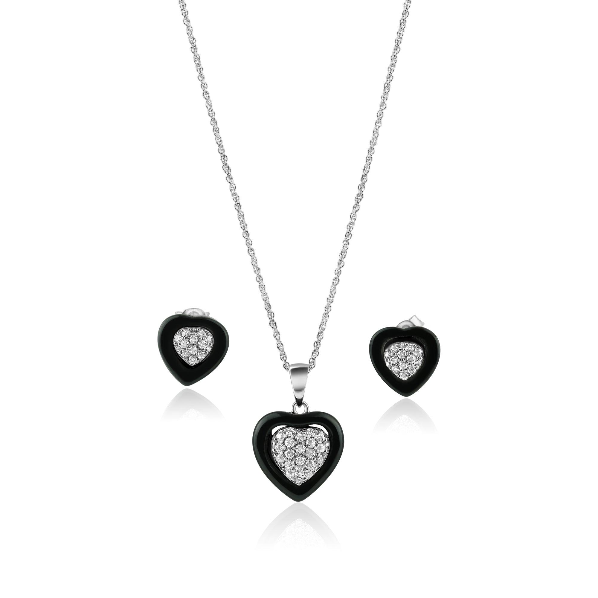 Rhodium Plated 925 Sterling Silver Heart Clear CZ Inlay Black Onyx Stud Set - STS00108
