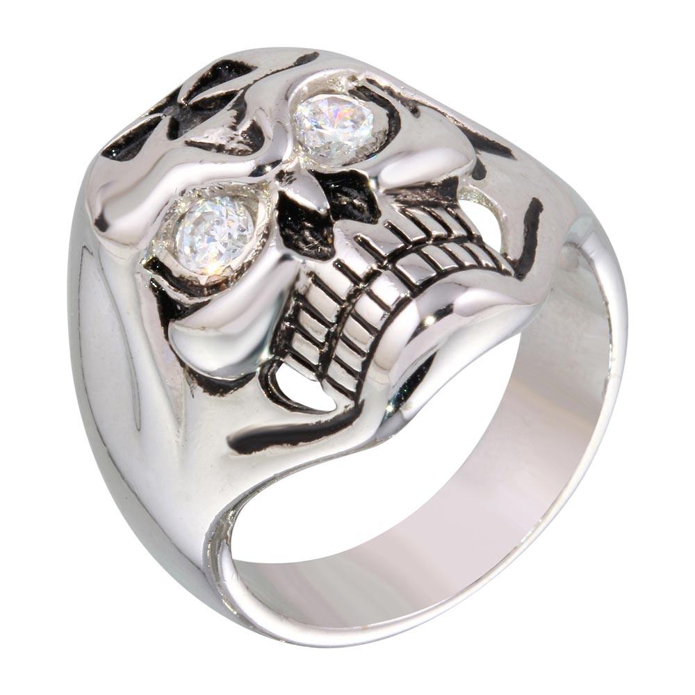Rhodium Plated 925 Sterling Silver CZ Eye Skull Ring - STR00161