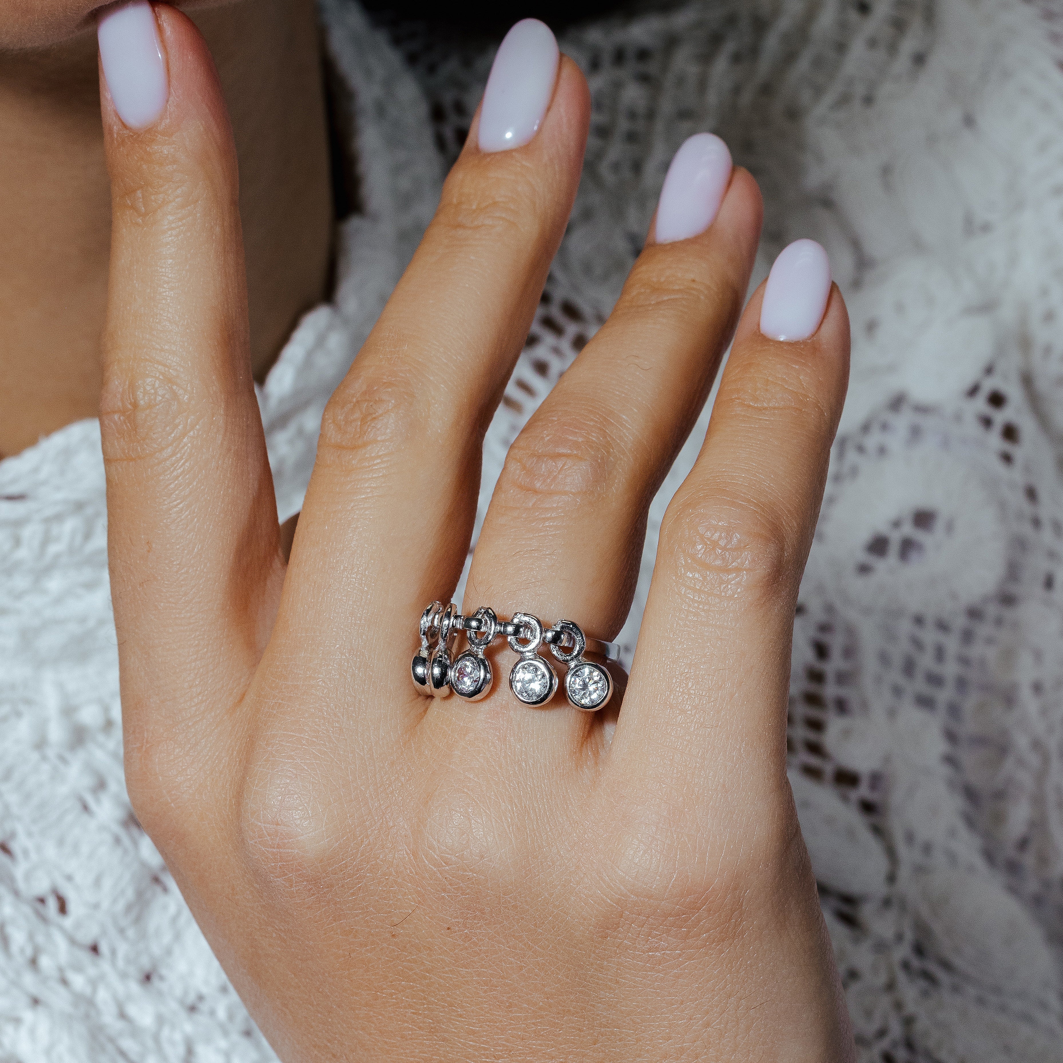 Silver 925 Rhodium Plated 5 Hanging CZ Ring - STR00018