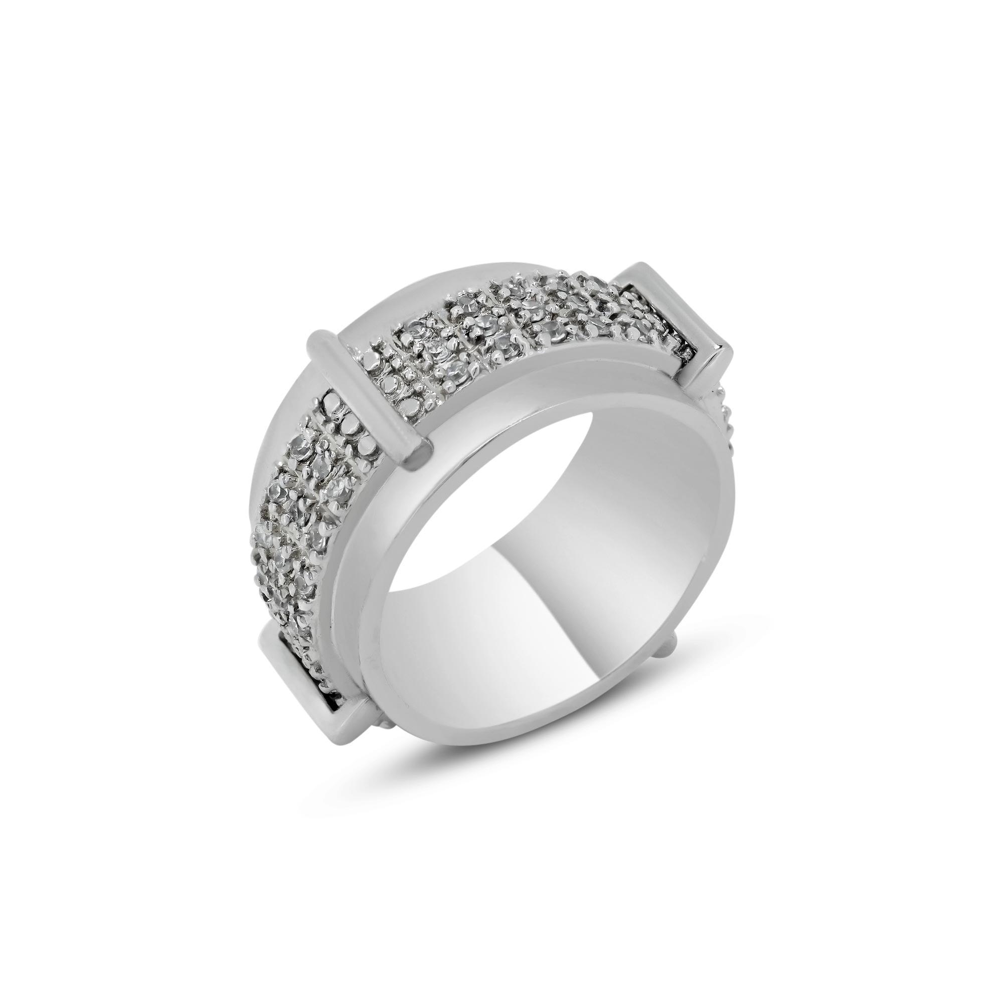 Silver 925 Rhodium Plated Pave Set CZ Belt Ring - STR00191