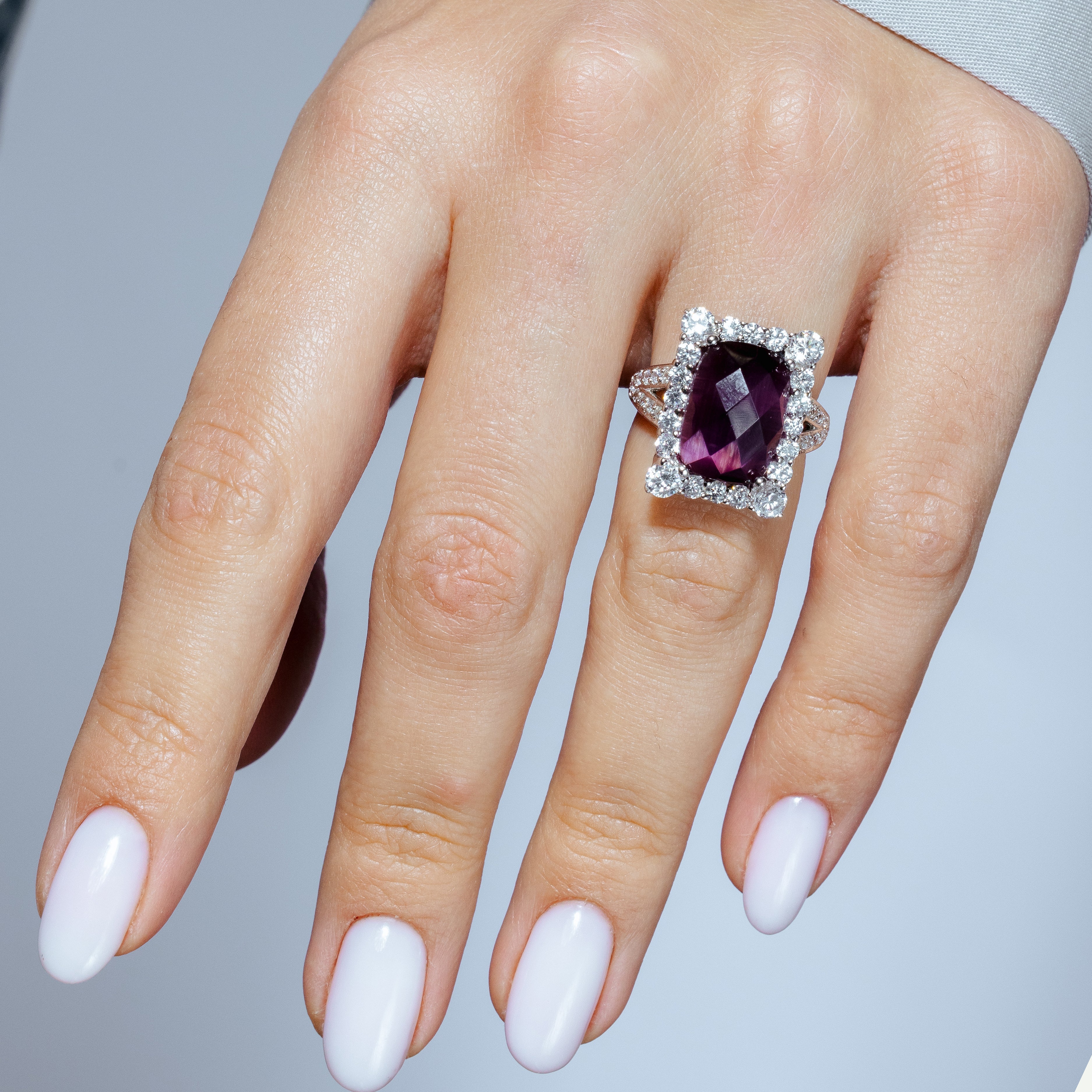 Silver 925 Rhodium Plated Dark Red Round Square Clear Cluster CZ Ring - STR00232