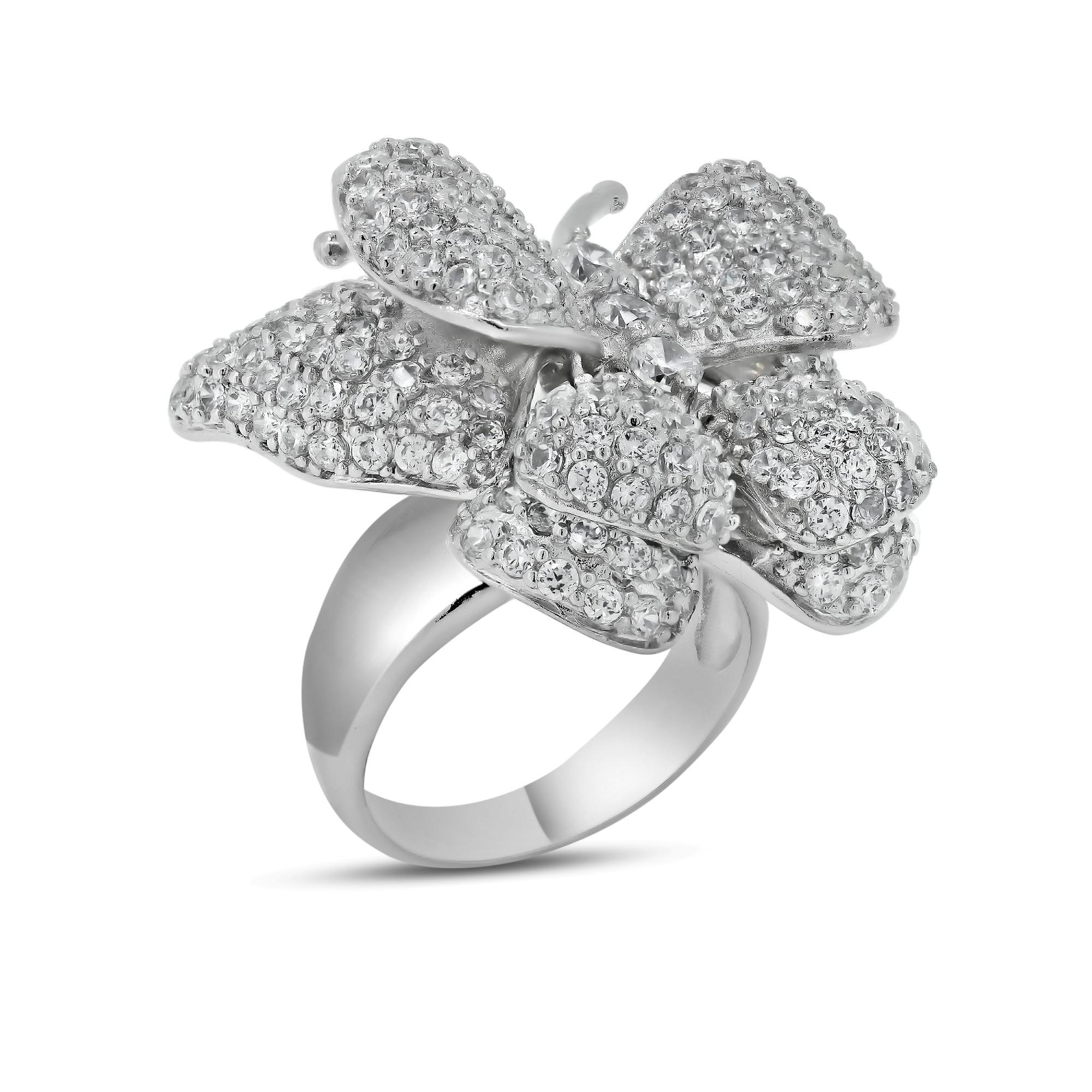 Silver 925 Rhodium Plated Pave Set CZ Butterfly Ring - STR00300