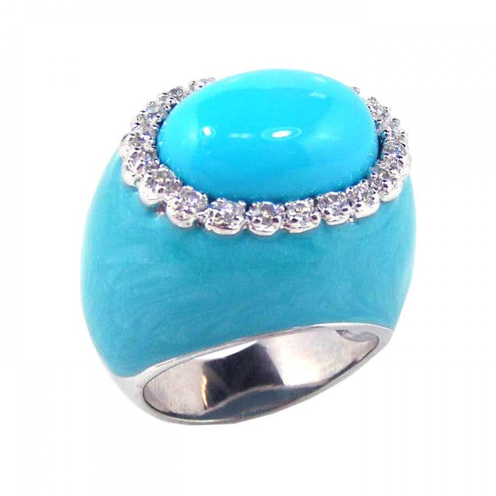 Silver 925 Rhodium Plated Blue Enamel Clear CZ Dome Ring - STR00375