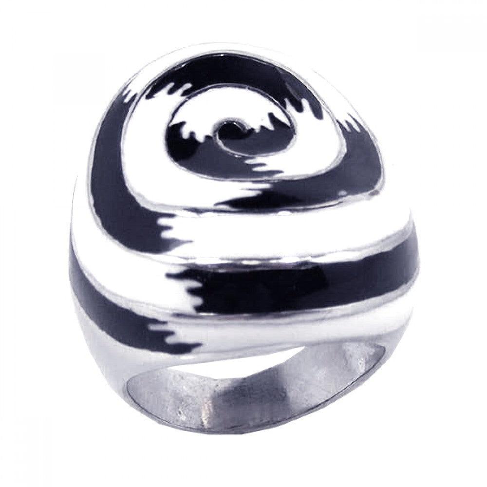 Silver 925 Rhodium Plated Black and White Enamel Spiral Dome Ring - STR00376