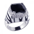 Silver 925 Rhodium Plated Black and White Enamel Clear CZ Zebra Dome Ring - STR00380
