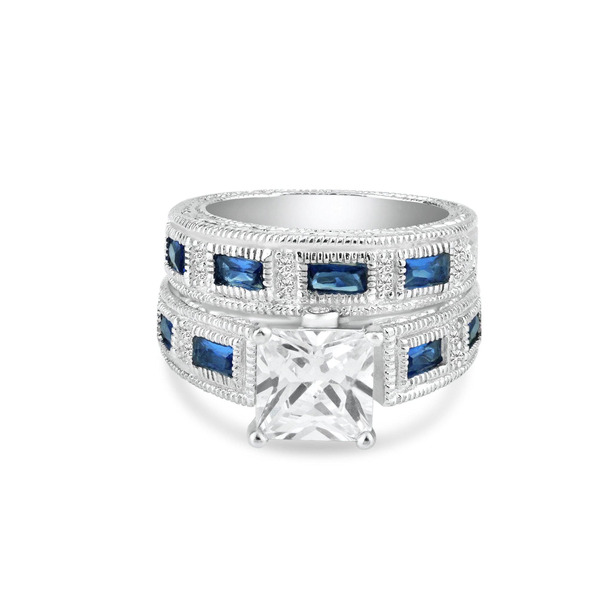Silver 925 Rhodium Plated Blue Baguette and Clear CZ Ornate Ring - STR00482