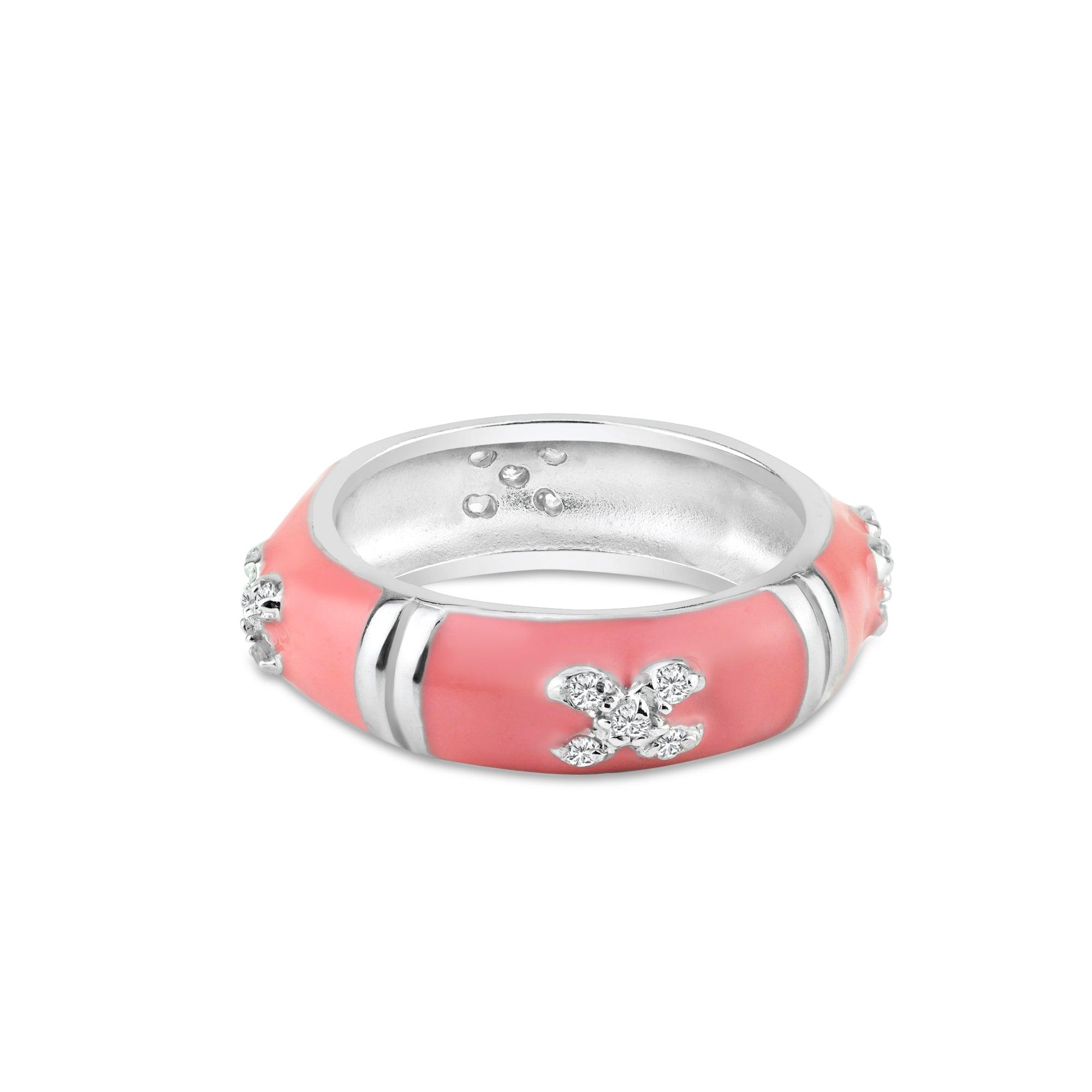 Silver 925 Rhodium Plated Pink Enamel Pave Set CZ Ring - STR00519