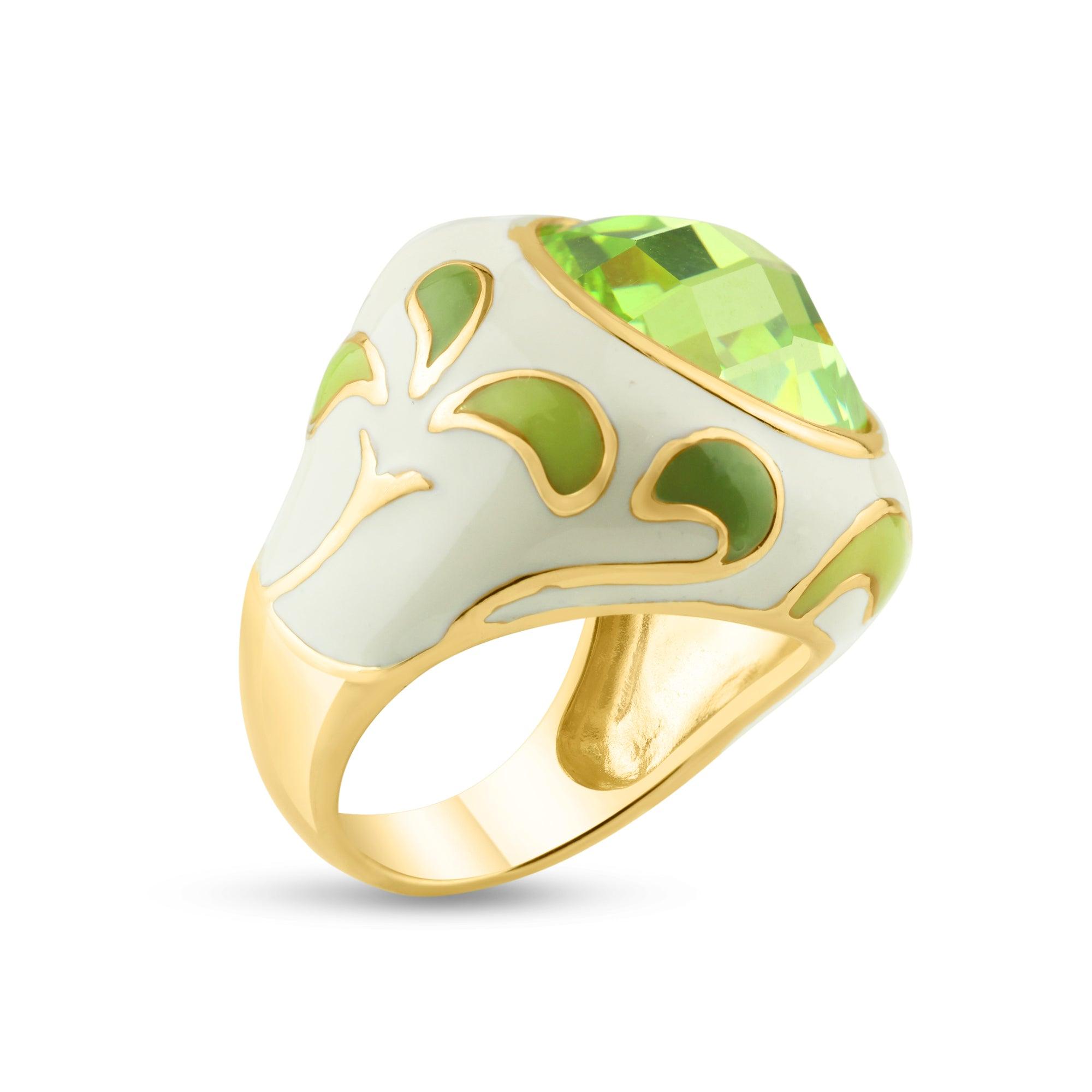 Silver 925 Gold Plated Green White Enamel Yellow CZ Ring - STR00623