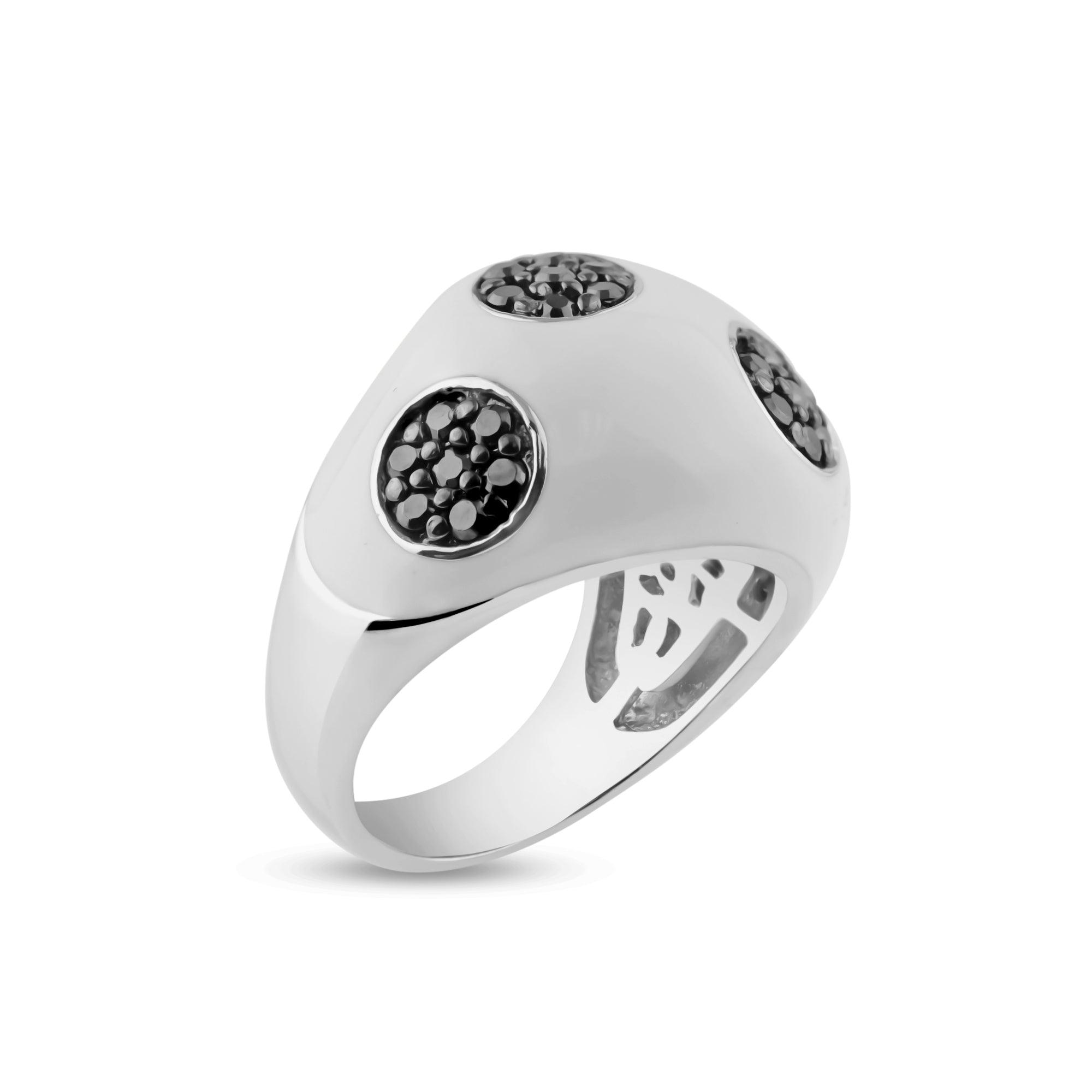 Silver 925 Rhodium and Black Rhodium Plated White Enamel Black Pave Set CZ Dome Ring - STR00682