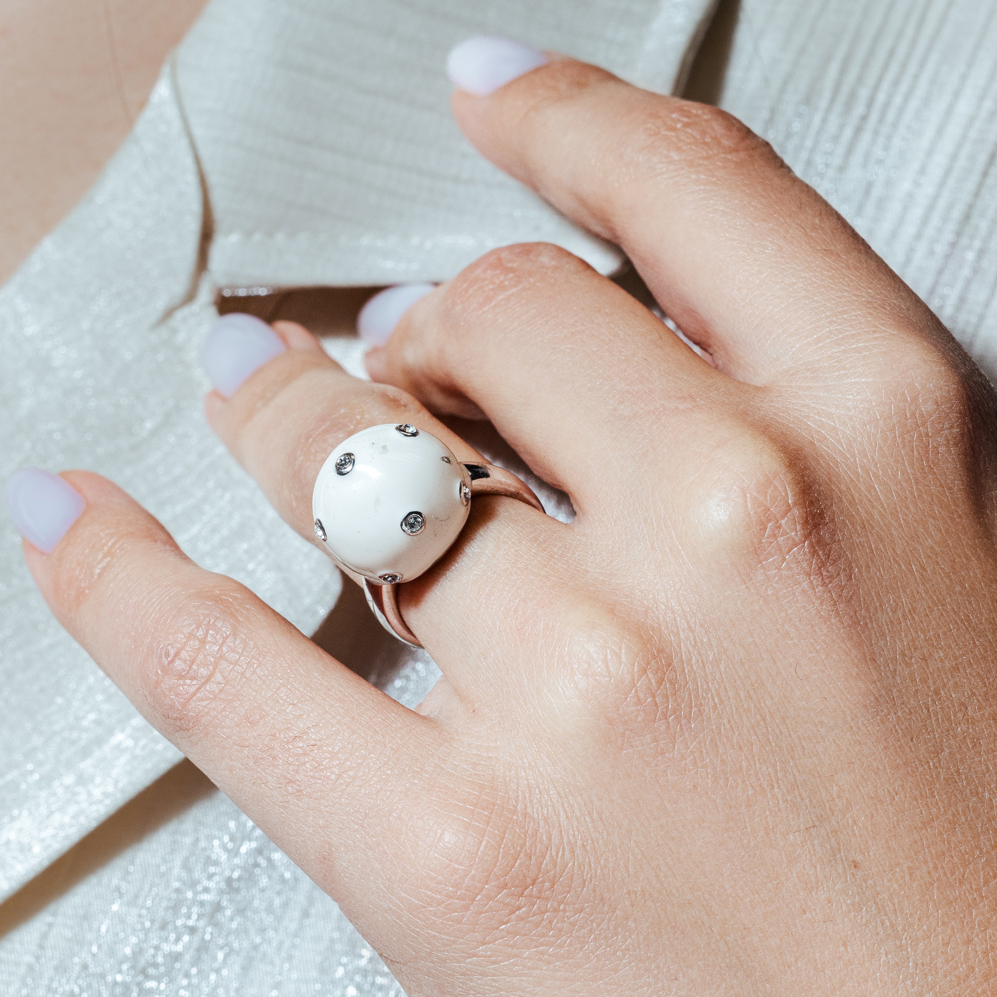 Silver 925 Rhodium Plated White Enamel CZ Ball Ring - STR00687