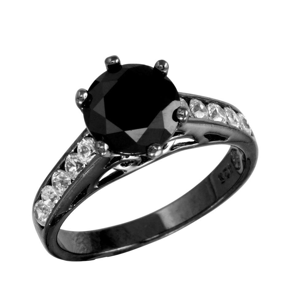 Black Rhodium Plated 925 Sterling Silver CZ Shank Black CZ Center Stone Ring - STR00758BLK