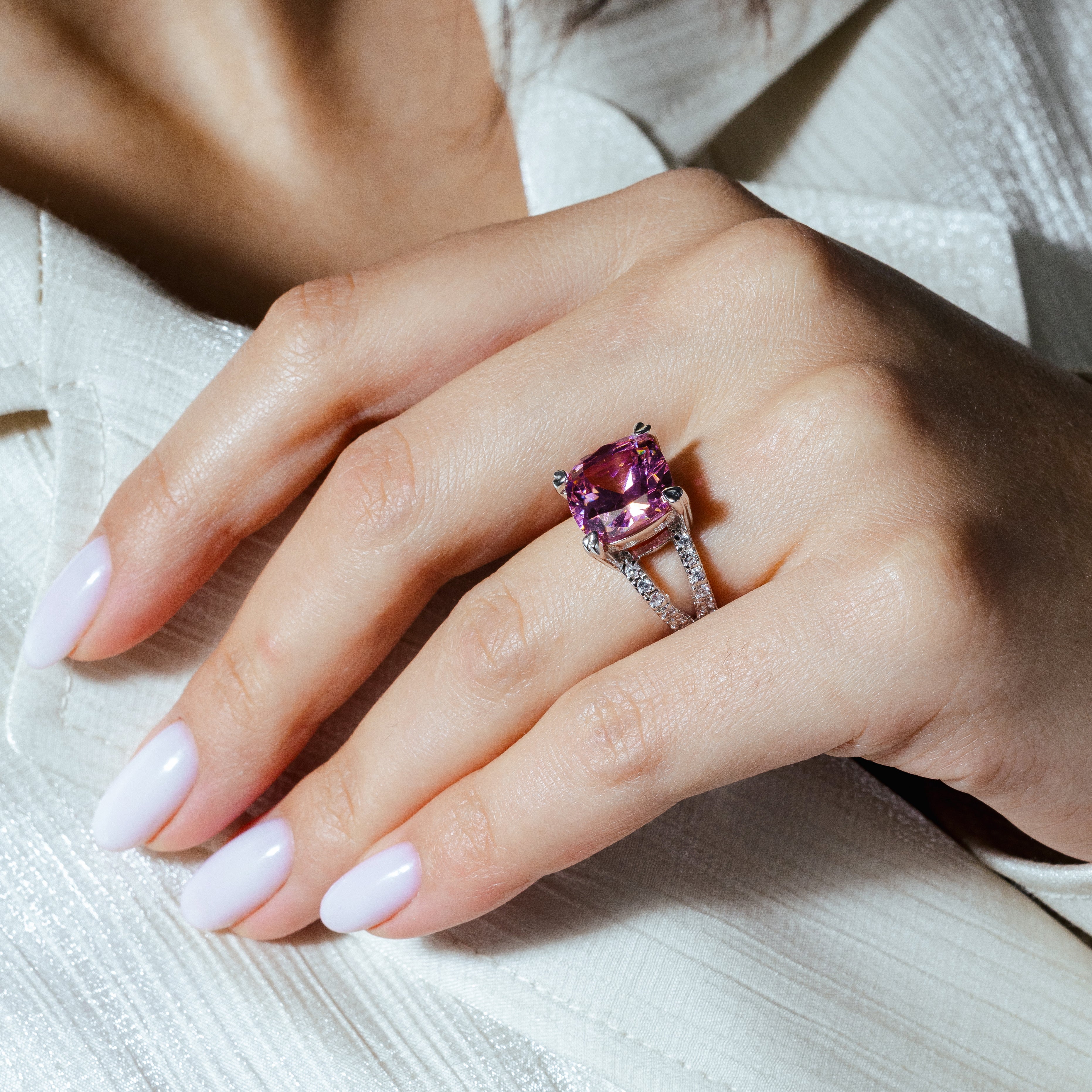 Silver 925 Rhodium Plated Pink Square CZ Ring - STR00075PNK
