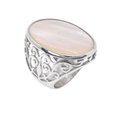 Rhodium Plated 925 Sterling Silver Filigree with Oval Mother of Pearl Centerpiece Ring - STR00894