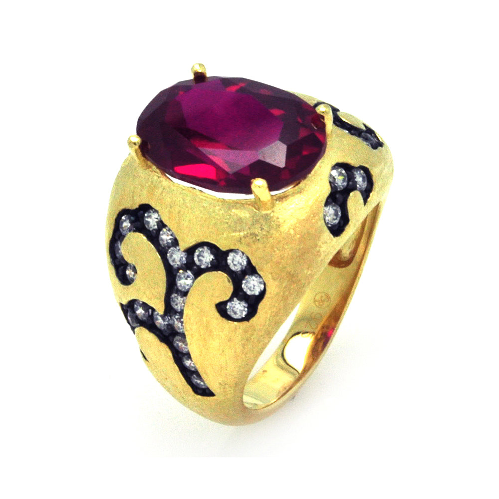 Silver 925 Black Rhodium and Gold Plated Red Center and Clear CZ Cigar Band Ring - STR00856