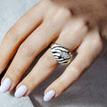 Silver 925 Gold Plated Black White Enamel Clear Pear CZ Zebra Stripe Dome Ring - STR00873