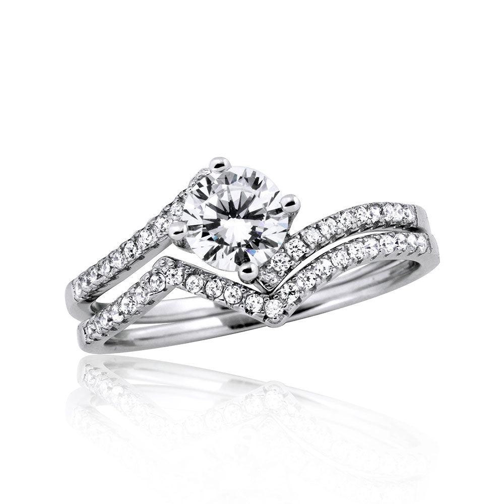 Silver 925 Rhodium Plated 2 Zigzag Engagement CZ Ring with 6mm Center - STR01048