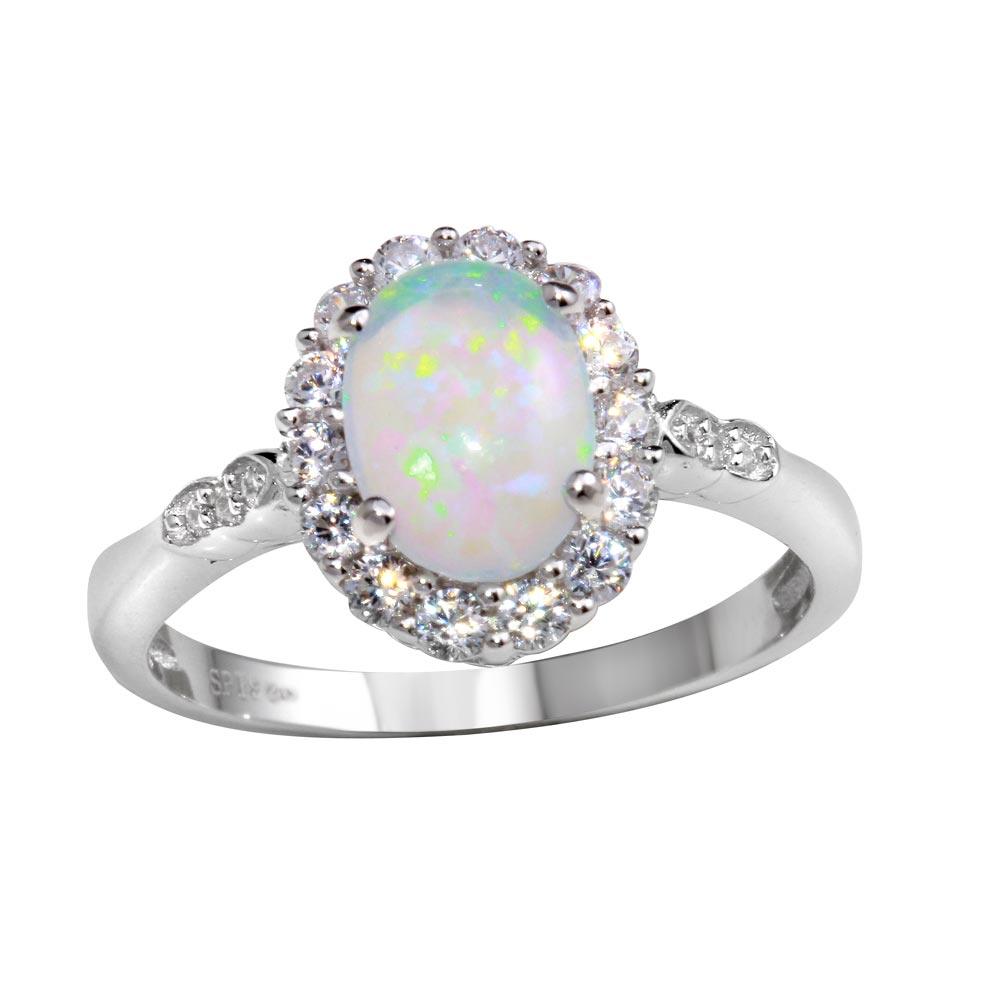 Rhodium Plated 925 Sterling Silver Round Synthetic Opal Ring - STR01103