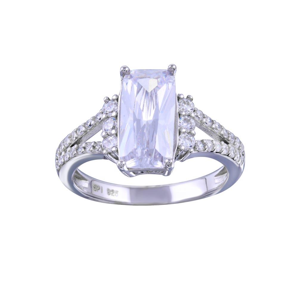 Rhodium Plated 925 Sterling Silver Open Shank Wide Rectangle Center CZ Bridal Ring - STR01141