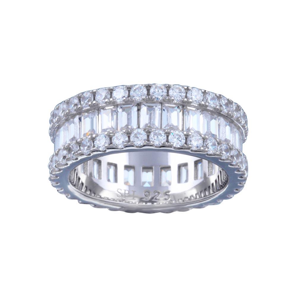 Rhodium Plated 925 Sterling Silver CZ Baquette Band with Border Ring - STR01144