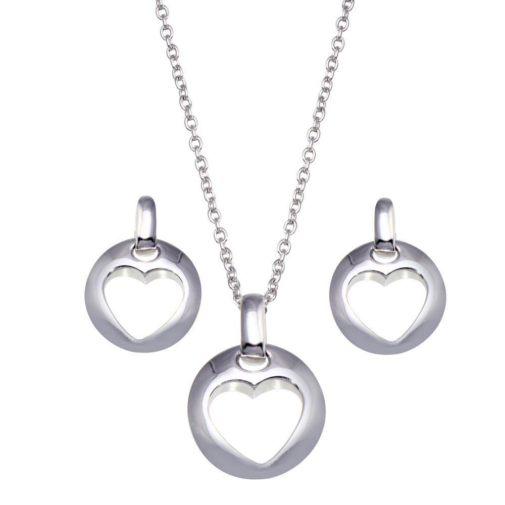 Silver 925 Rhodium Plated Open Circle Heart Stud Earring and Dangling Necklace Set - STS00028