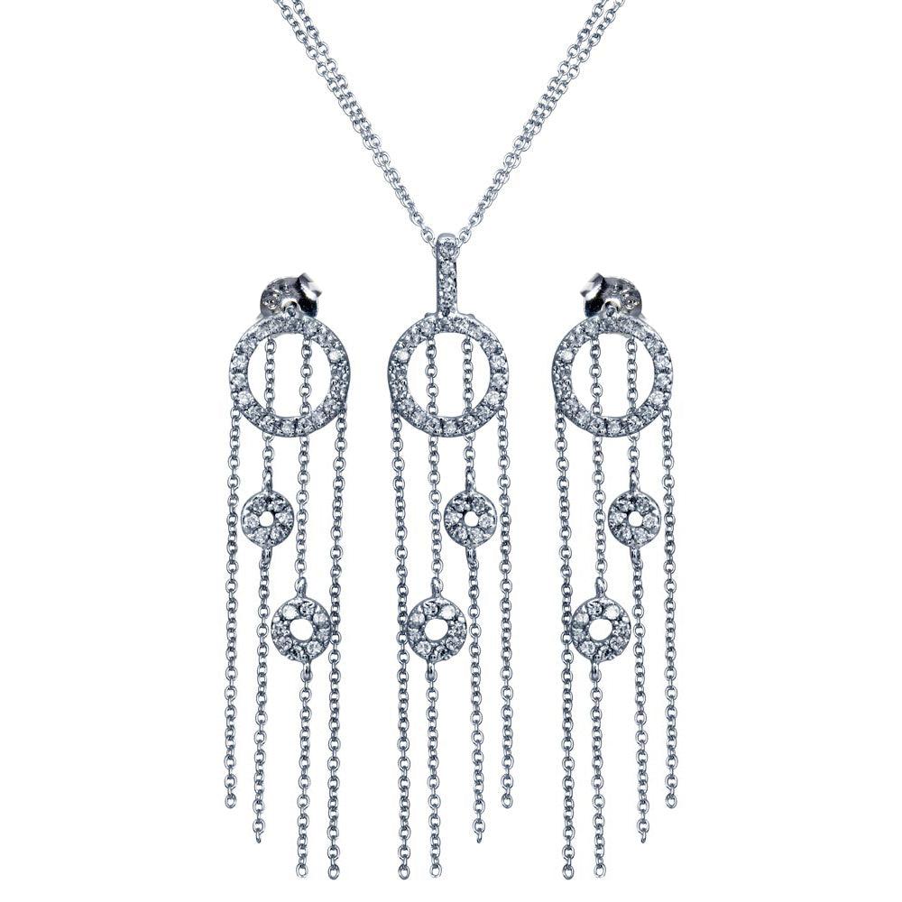Silver 925 Rhodium Plated Heart Open Circle CZ Multi Strand Stud Earring and Necklace Set - STS00062