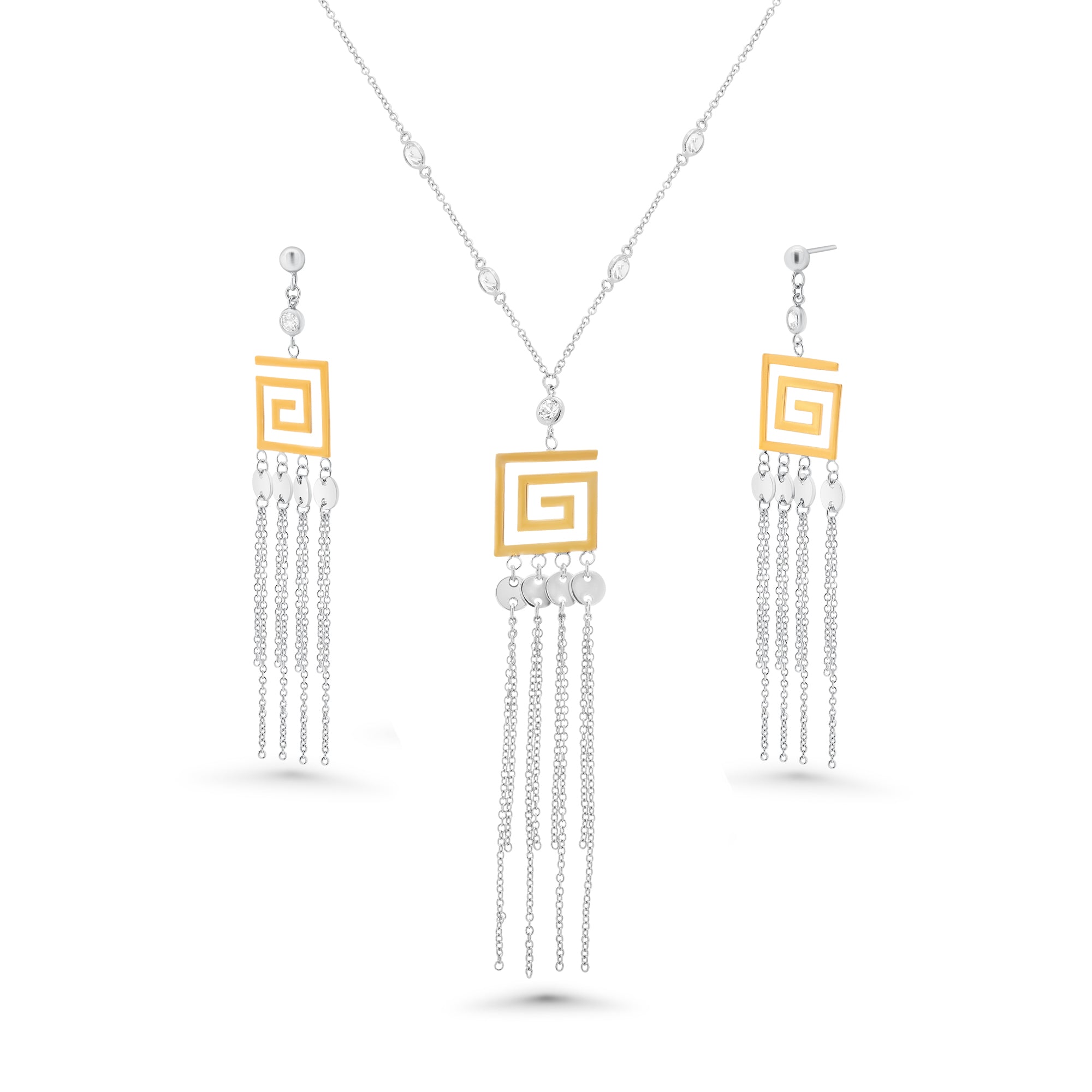 Gold & Rhodium plated 925 Sterling Silver Greek Key Multi Strand Dangle Earring and Pendant set- STS00071
