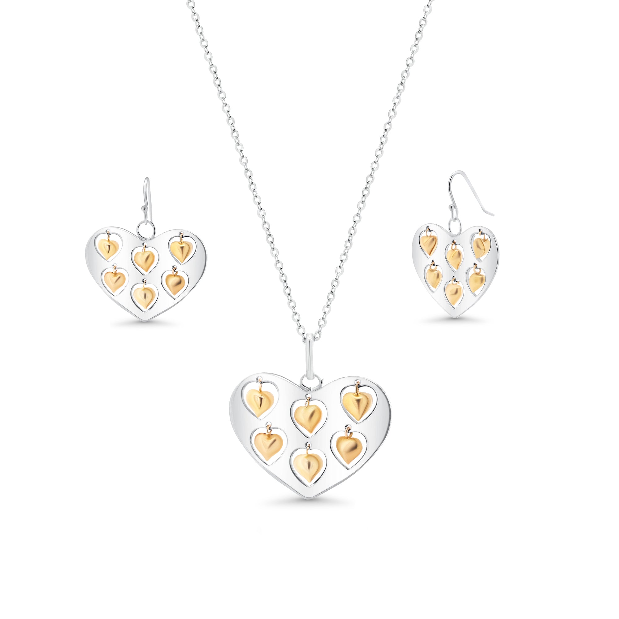 Two-Tone 925 Sterling Silver Heart Necklace and Earrings Set with Mini Dangling Hearts - STS00072