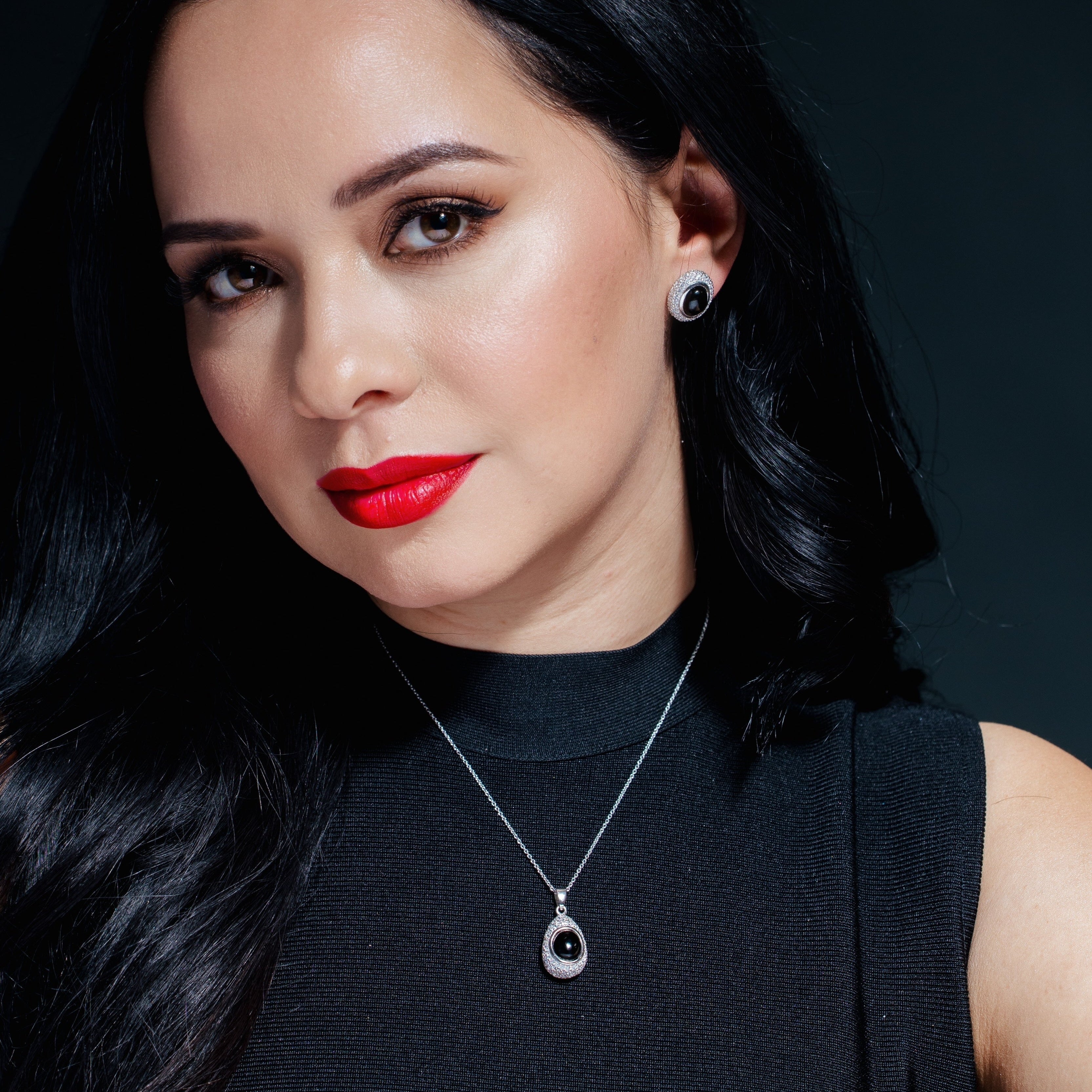 Silver 925 Rhodium Plated Round CZ Black Circle Onyx Stud Earring and Necklace Set - STS00125