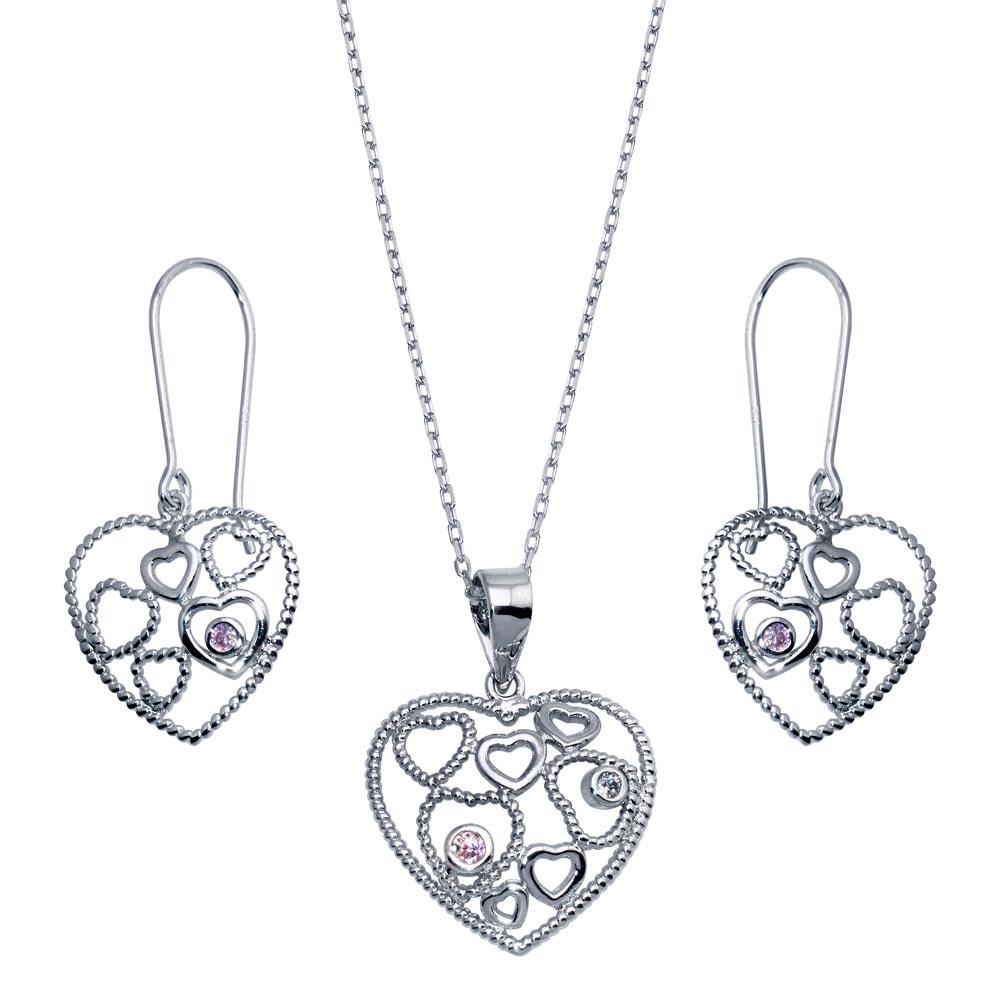 Silver 925 Rhodium Plated Graduated Multiple Open Heart CZ Hook Earring and Necklace Set - STS00143