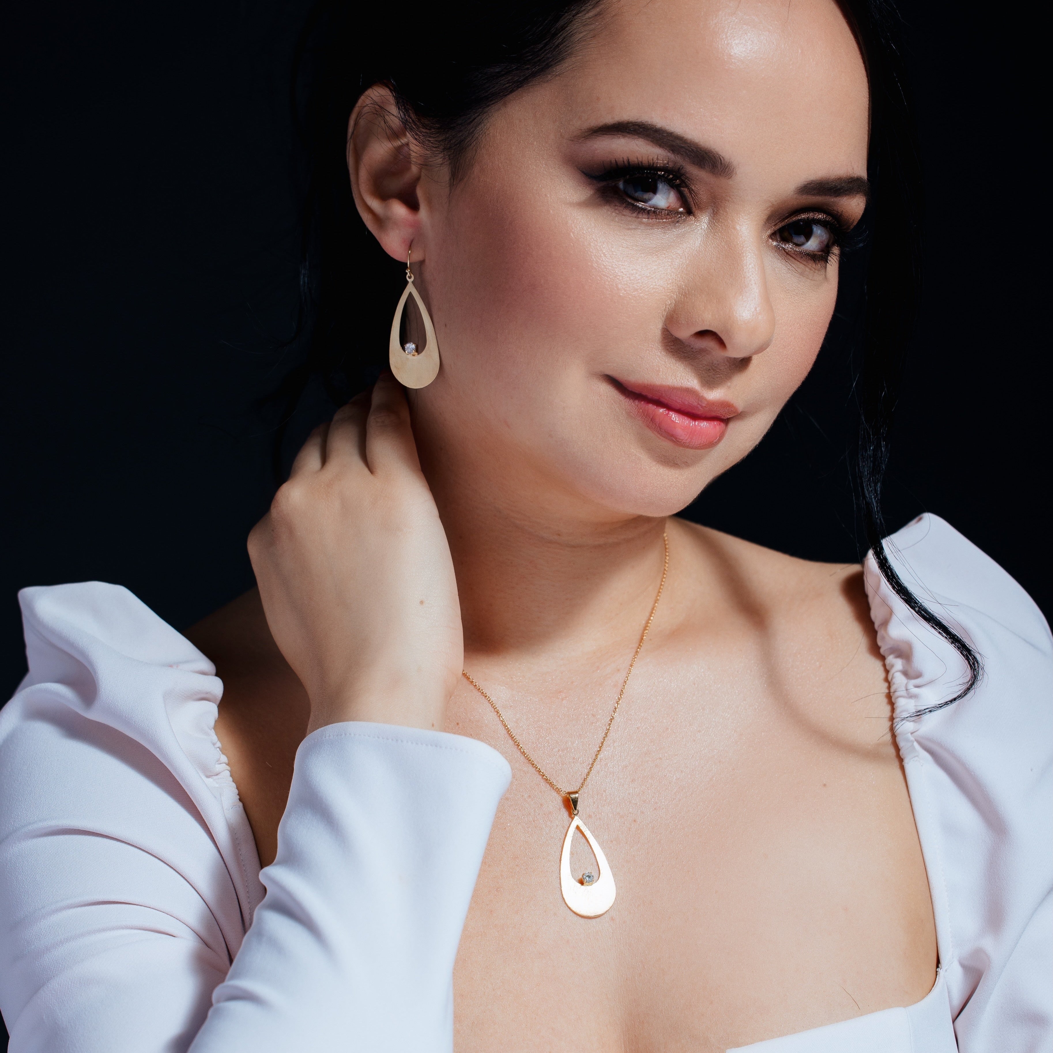 Silver 925 Gold Plated Open Teardrop CZ Earring and Necklace Set - STS00145
