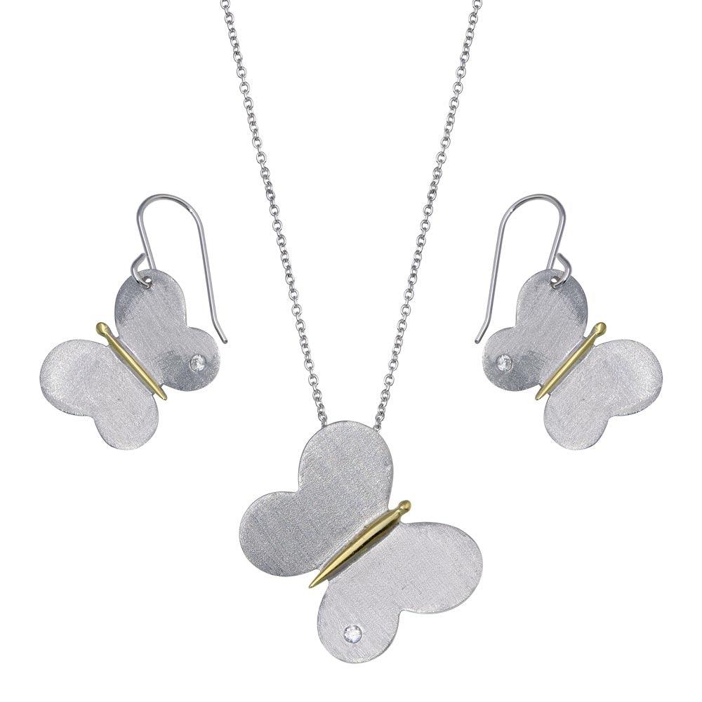 Silver 925 Gold and Rhodium Plated Butterfly CZ Dangling Hook Set - STS00149
