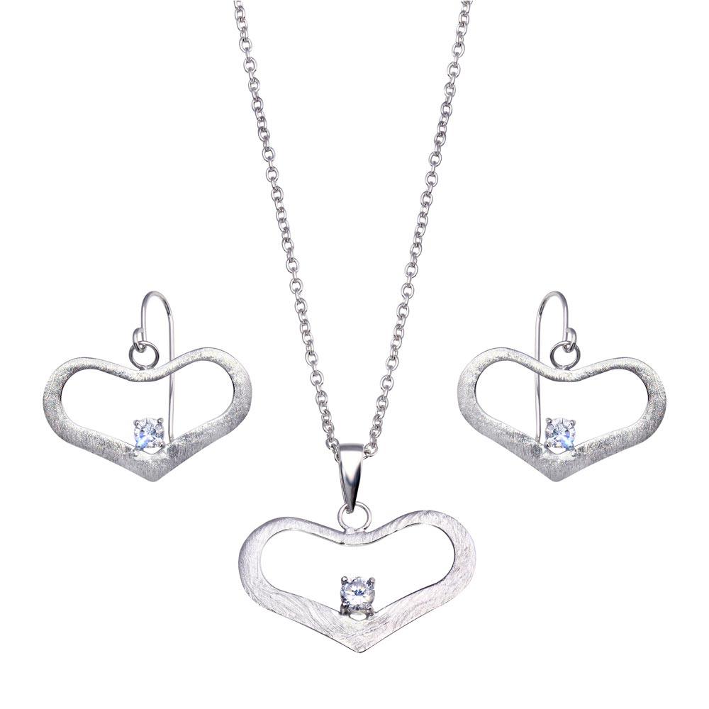 Silver 925 Rhodium Plated Open Wide Heart CZ Dangling Hook Earring and Necklace Set - STS00155