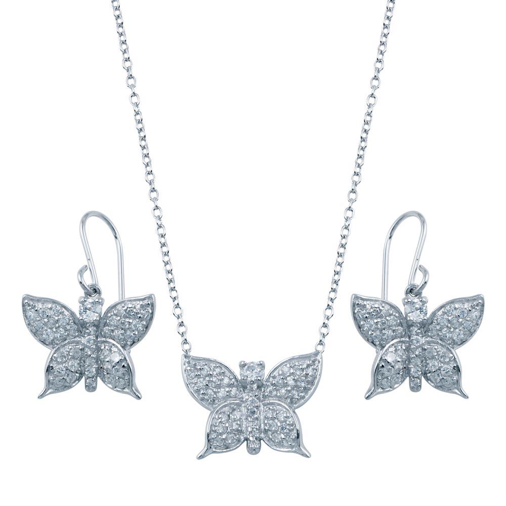 Rhodium Plated 925 Sterling Silver Butterfly CZ Hook Earring and Necklace Set - STS00160