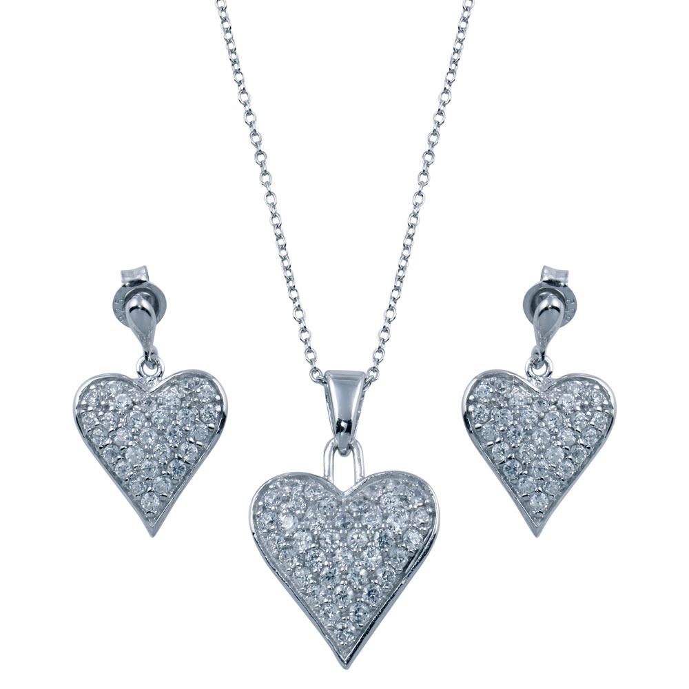 Rhodium Plated 925 Sterling Silver Heart CZ Stud Dangling Earring and Necklace Set - STS00164