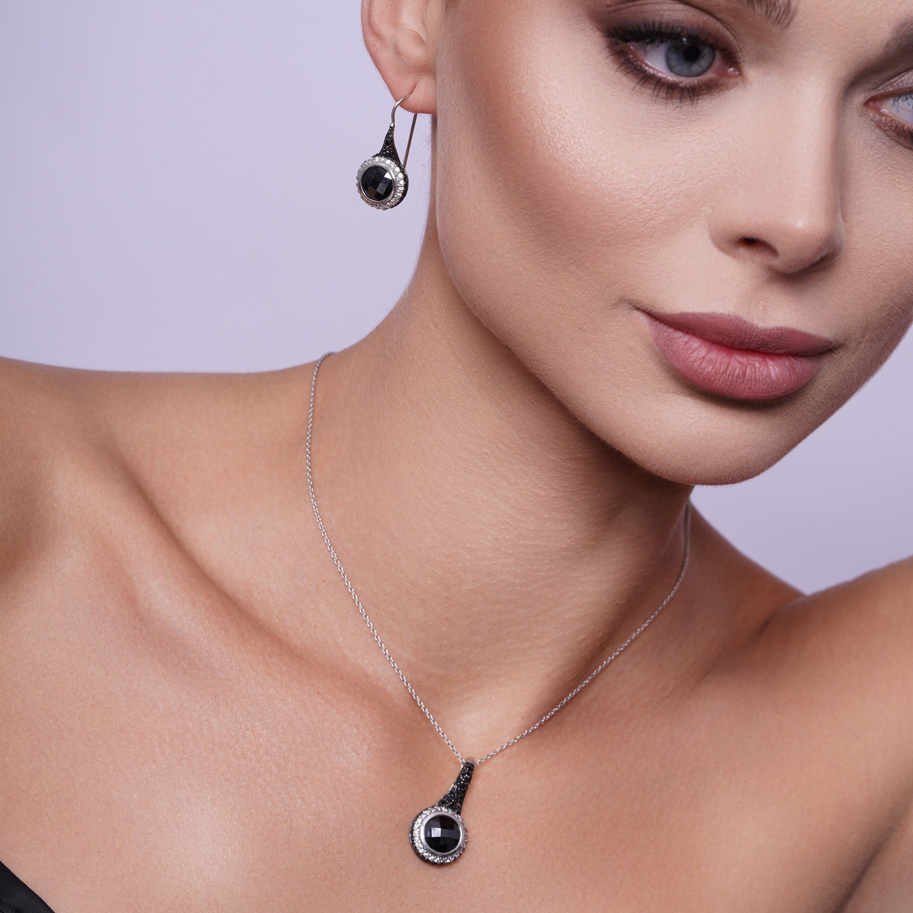 Silver Black and Rhodium Plated Round CZ Hook Earring and Necklace Set - STS00185