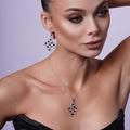 Silver 925 Rhodium Plated Black White Enamel CZ Chandelier Dangling Earring and Necklace Set - STS00193