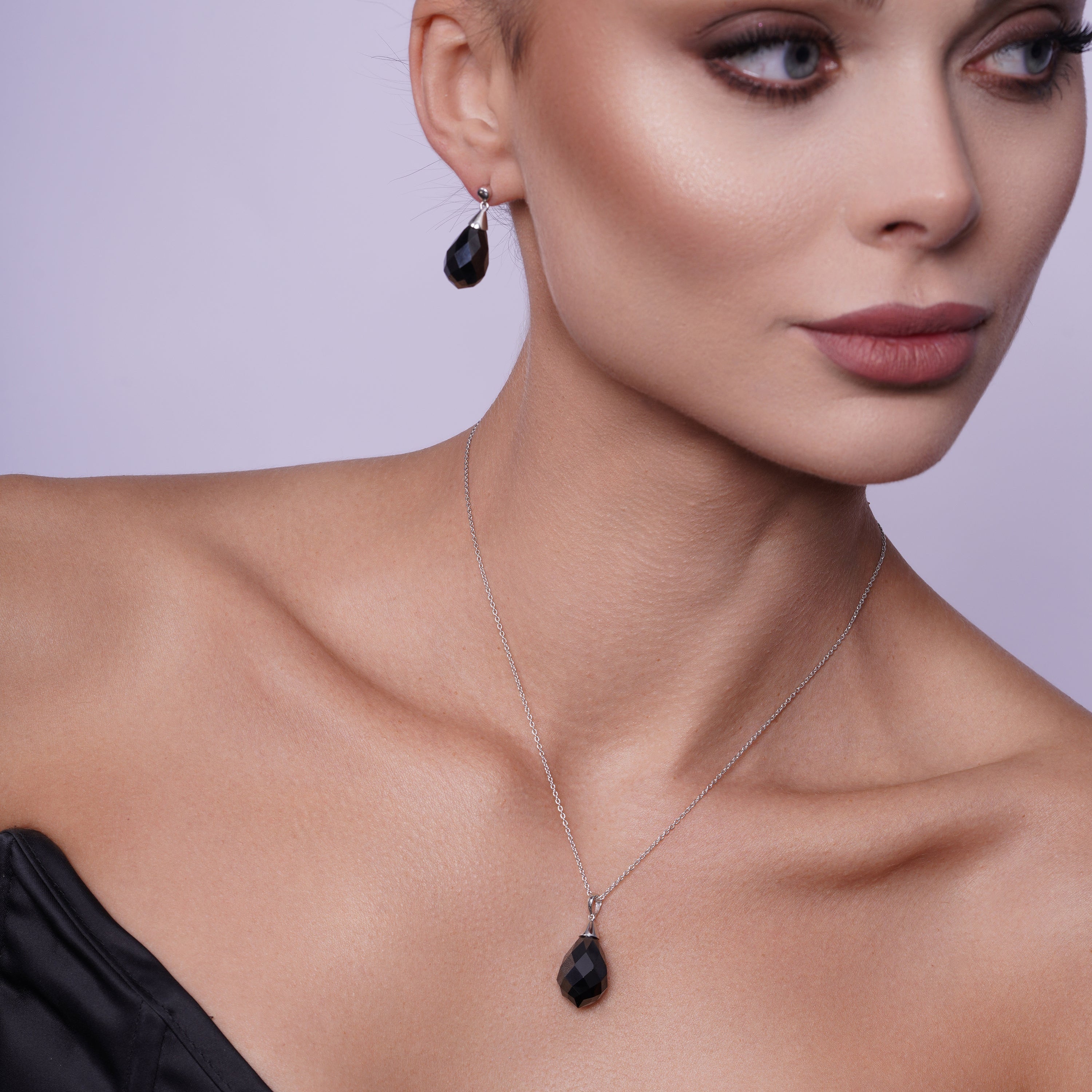Silver 925 Rhodium Plated Squared Teardrop Black CZ Dangling Stud Earring and Necklace Set - STS00205