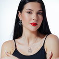 Silver 925 Rhodium Plated Open Peace Sign CZ Dangling Hook Earring and Necklace Set - STS00219