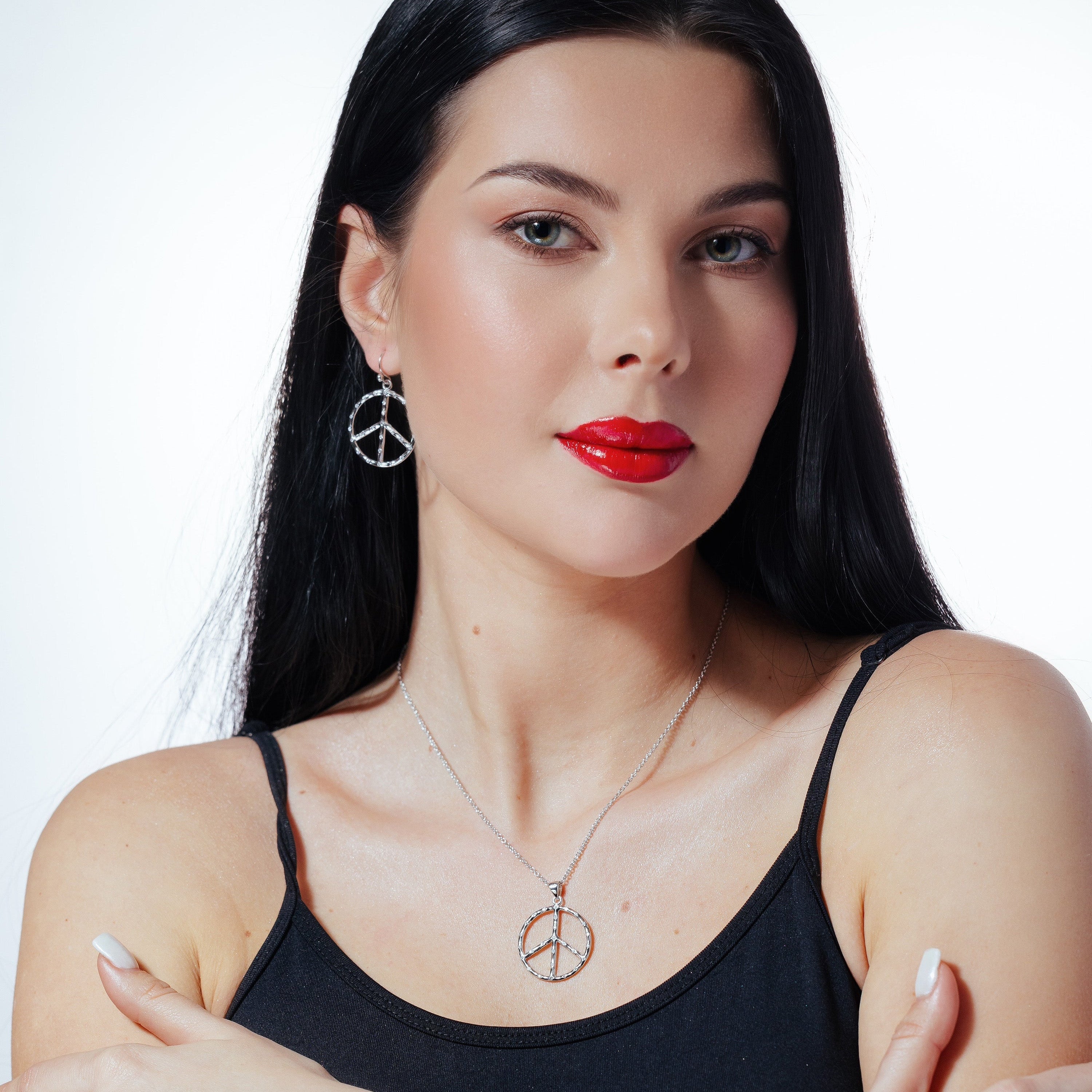 Silver 925 Rhodium Plated Open Peace Sign CZ Dangling Hook Earring and Necklace Set - STS00219