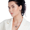 Silver 925 Rhodium Plated Open Circle Checkered CZ Crescent Stud Earring and Necklace Set - STS00223