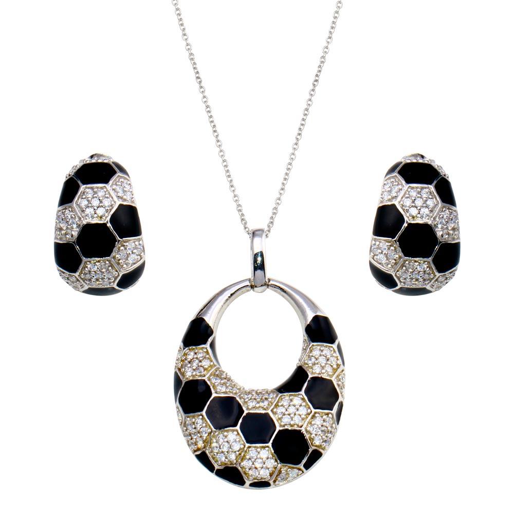 Silver 925 Rhodium Plated Open Circle Checkered CZ Crescent Earring and Necklace Set - STS00224