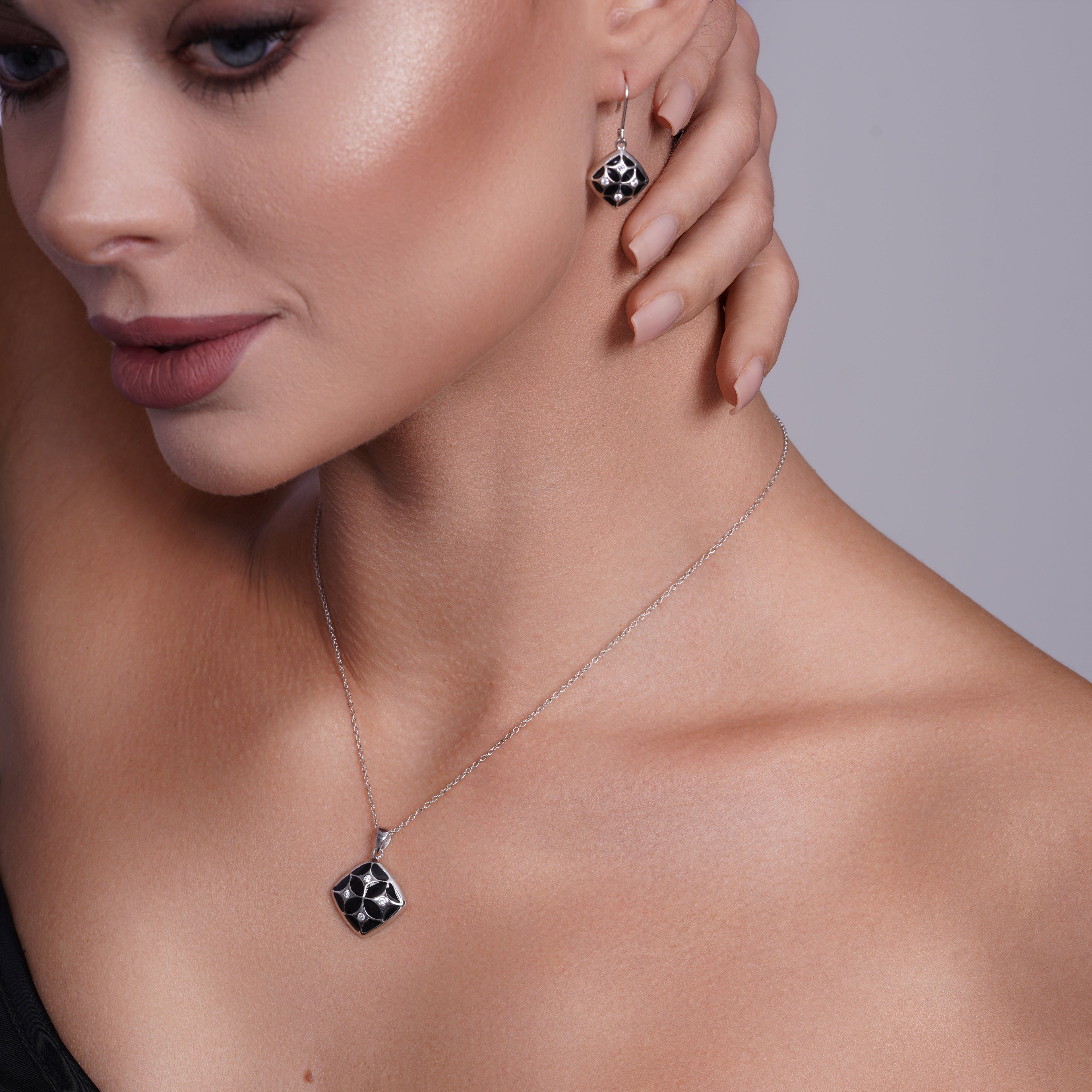 Silver 925 Rhodium Plated Square Antique Design CZ Dangling Hook Earring and Necklace Set - STS00225