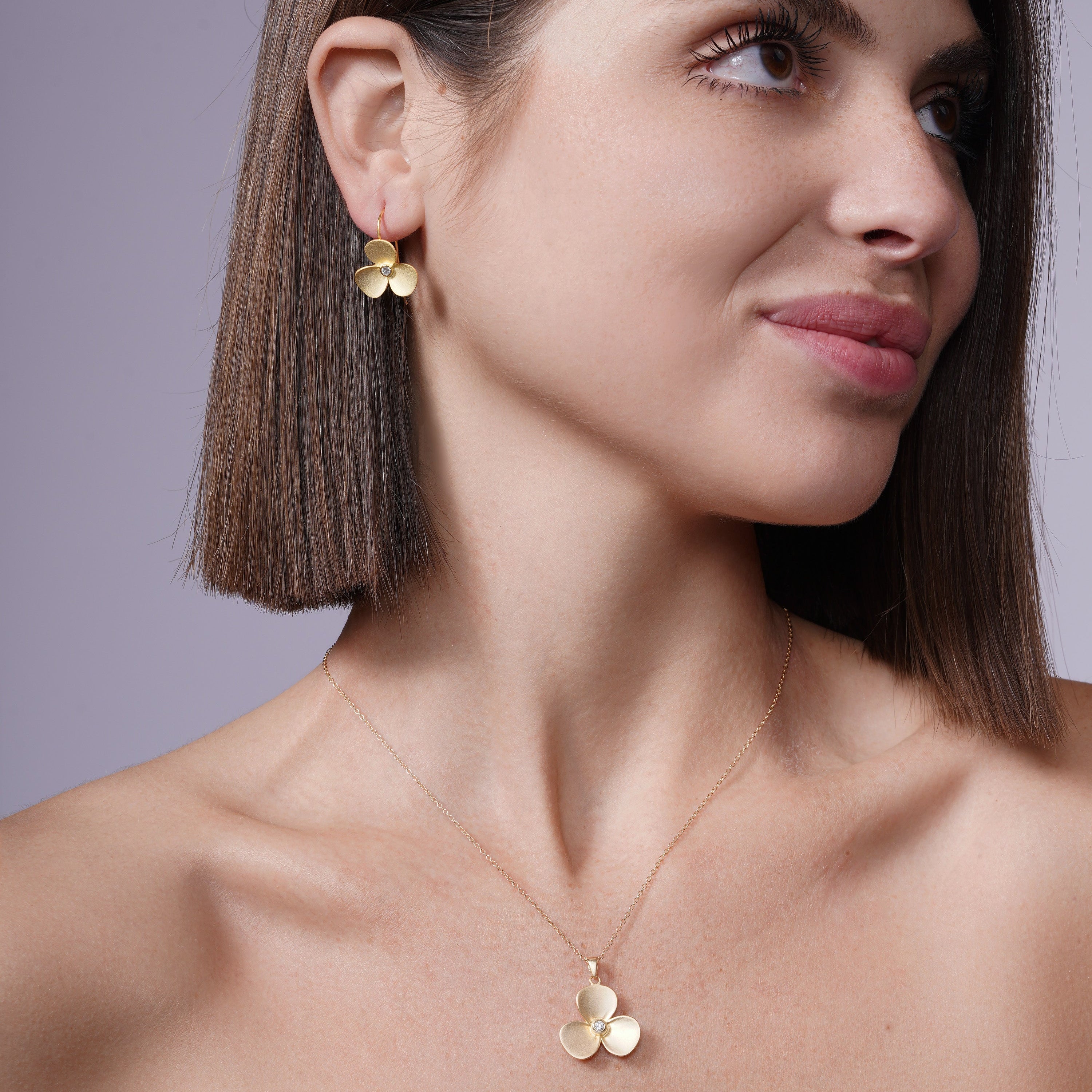 Silver 925 Gold Plated Flower CZ Hook Earring and Necklace Set - STS00243GP