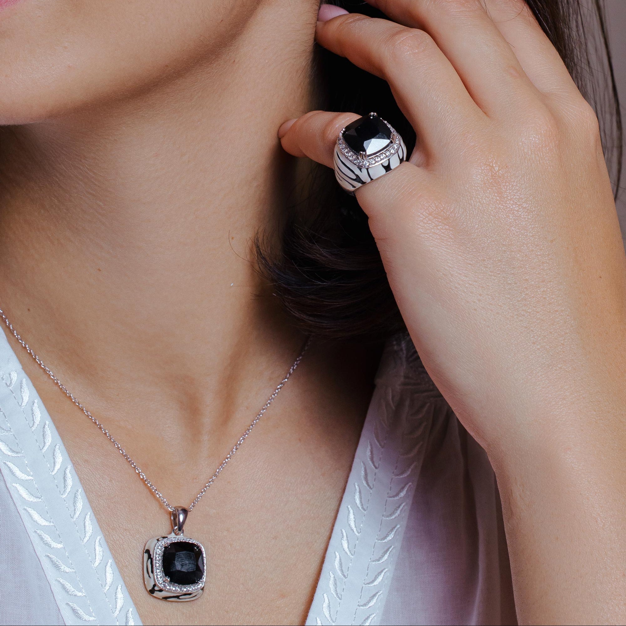 Silver 925 Rhodium Plated Square Black CZ Stud Earring and Necklace Set - STS00253